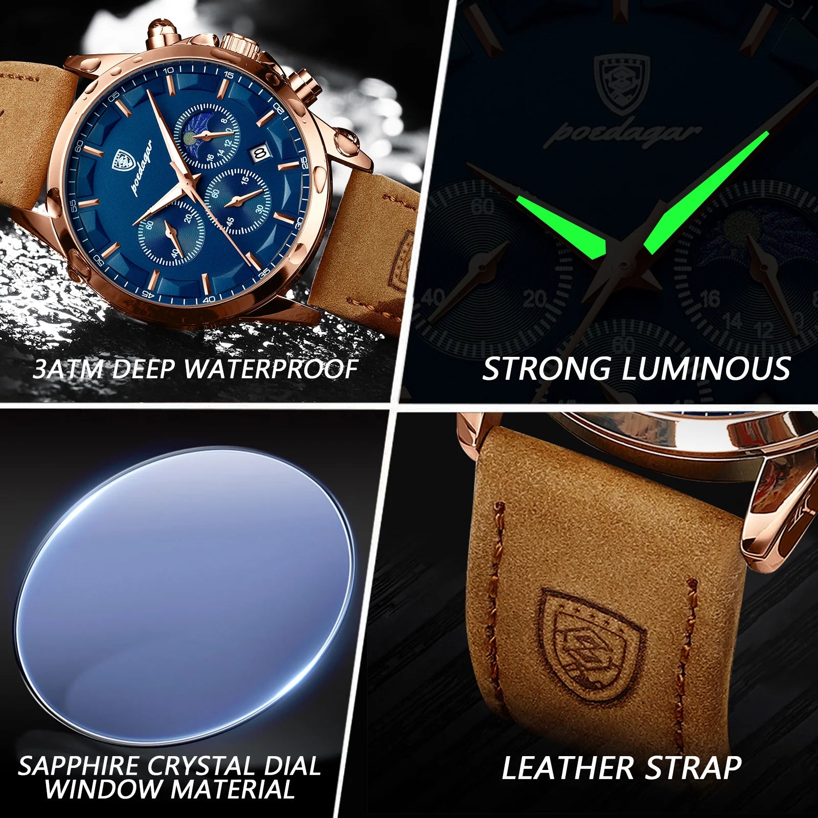 Luxury Sports Leather Quartz Watch Waterproof Men's Watches