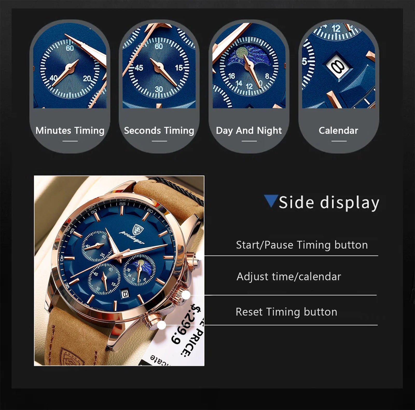 Luxury Sports Leather Quartz Watch Waterproof Men's Watches