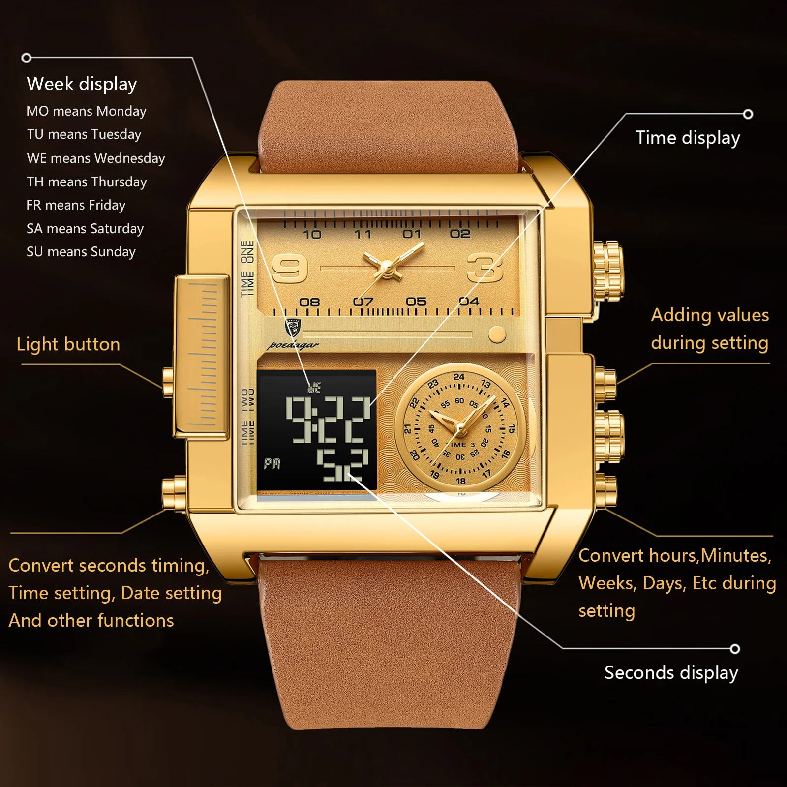 Luxury Rectangle Waterproof Digital Multifunction Men's Watches